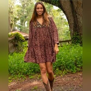 NATURAL LIFE Stella Mini Dress Maroon Floral Vines Purple Wine Sz Small